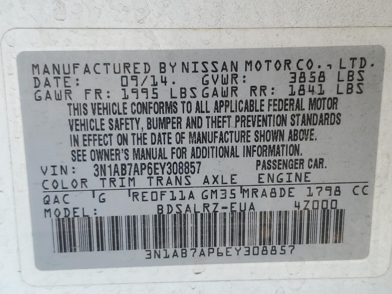 VIN 3N1AB7AP6EY308857 2014 NISSAN SENTRA no.13