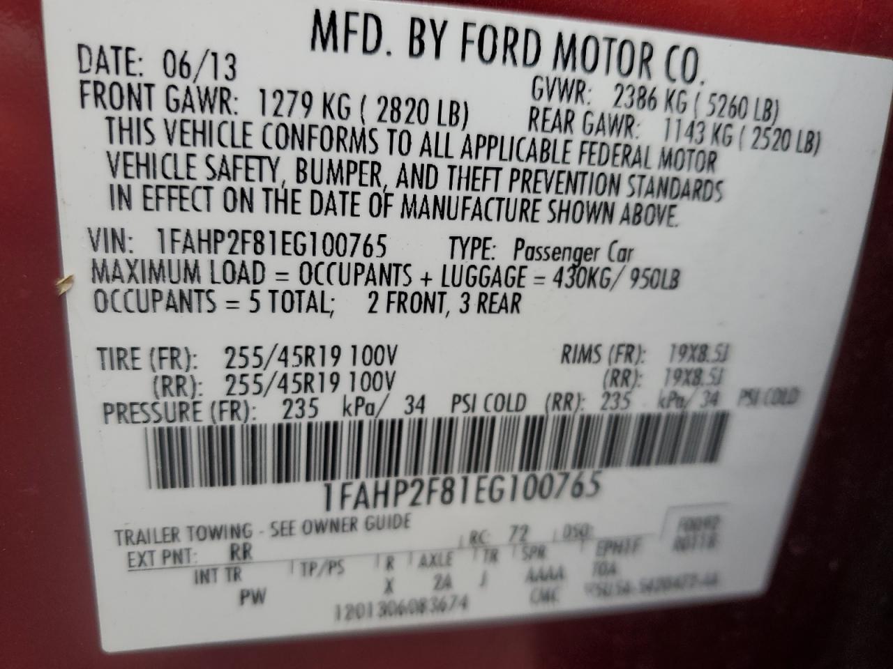 VIN 1FAHP2F81EG100765 2014 FORD TAURUS no.13