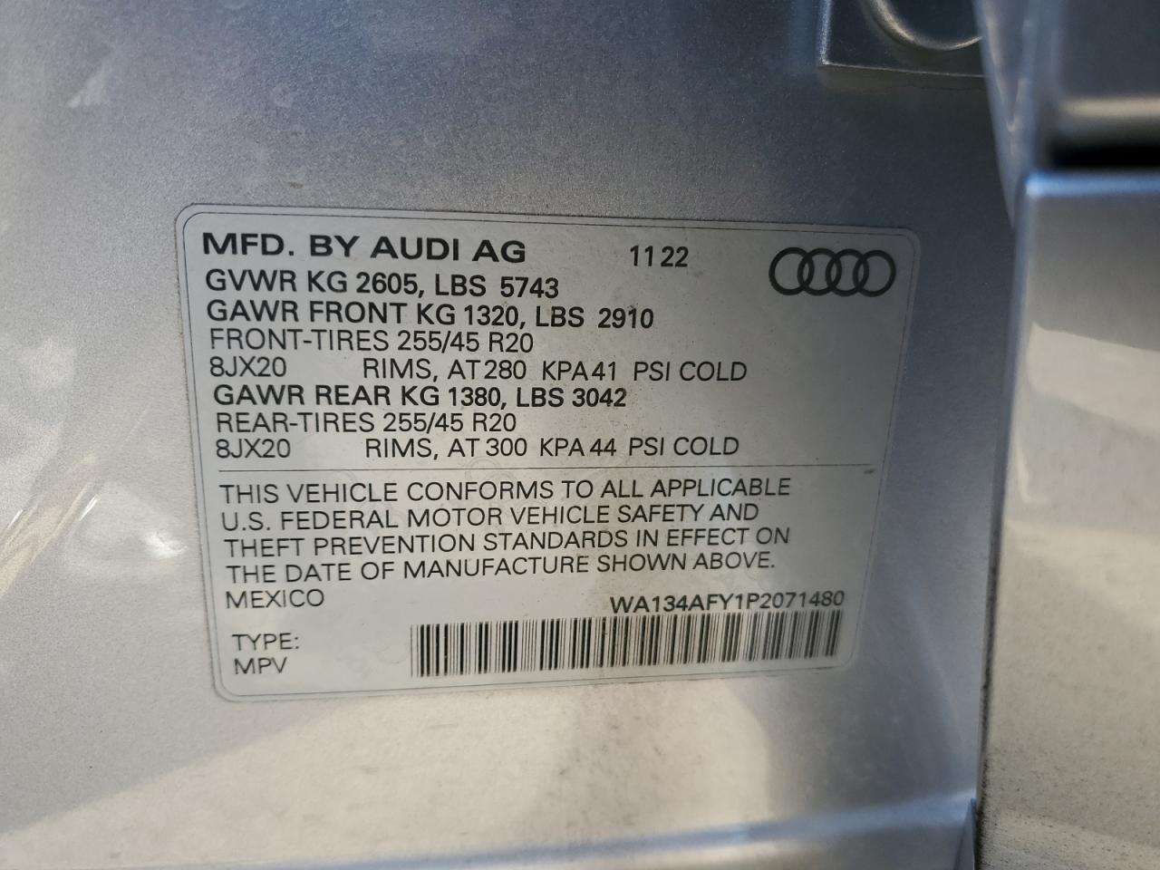 2023 Audi Sq5 Sportback Prestige VIN: WA134AFY1P2071480 Lot: 85240674