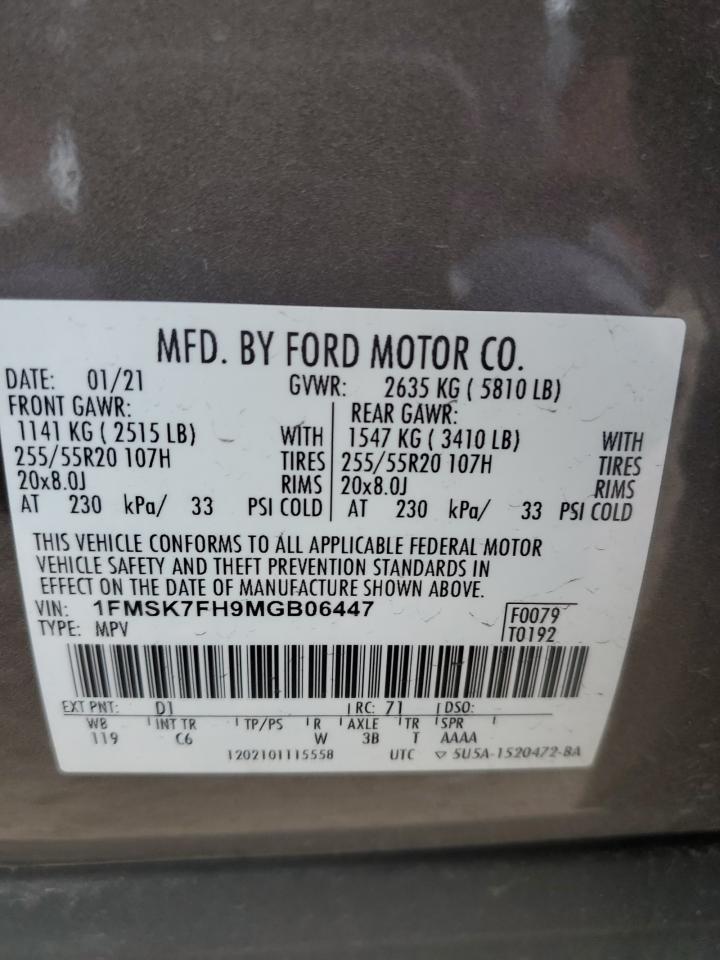 2021 Ford Explorer Limited VIN: 1FMSK7FH9MGB06447 Lot: 85081584