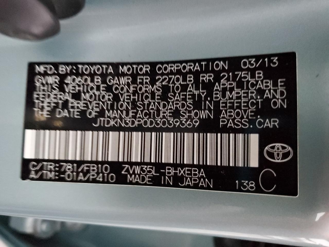 2013 Toyota Prius Plug-In VIN: JTDKN3DP0D3039369 Lot: 86335784