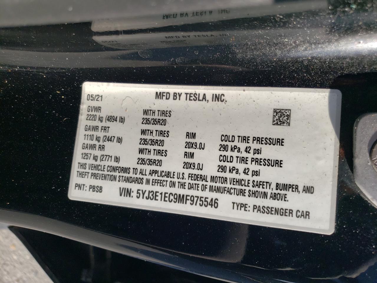 2021 Tesla Model 3 VIN: 5YJ3E1EC9MF975546 Lot: 83912564