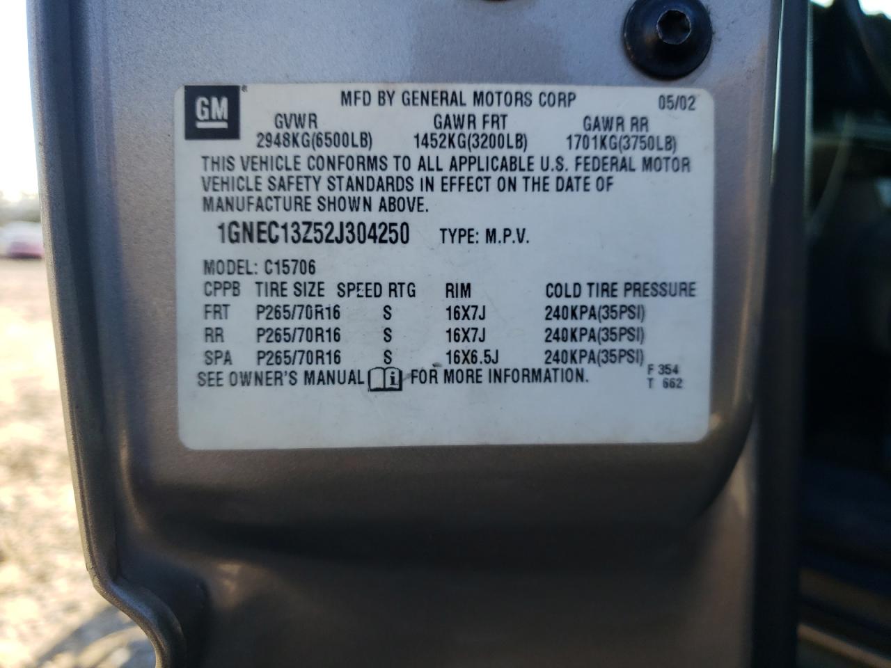 2002 Chevrolet Tahoe C1500 VIN: 1GNEC13Z52J304250 Lot: 86849644