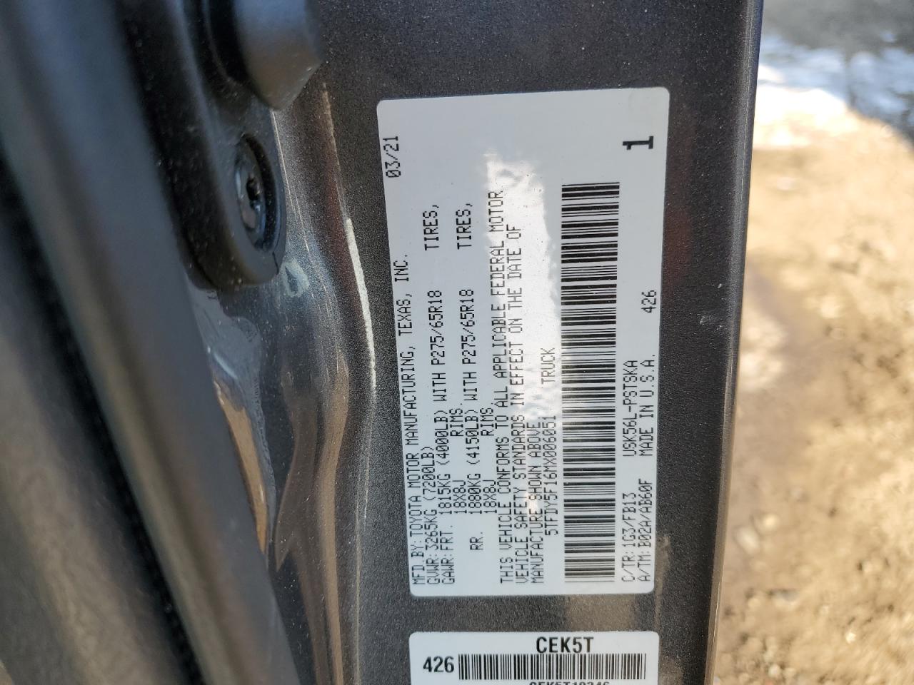 VIN 5TFDY5F16MX006051 2021 TOYOTA TUNDRA no.12