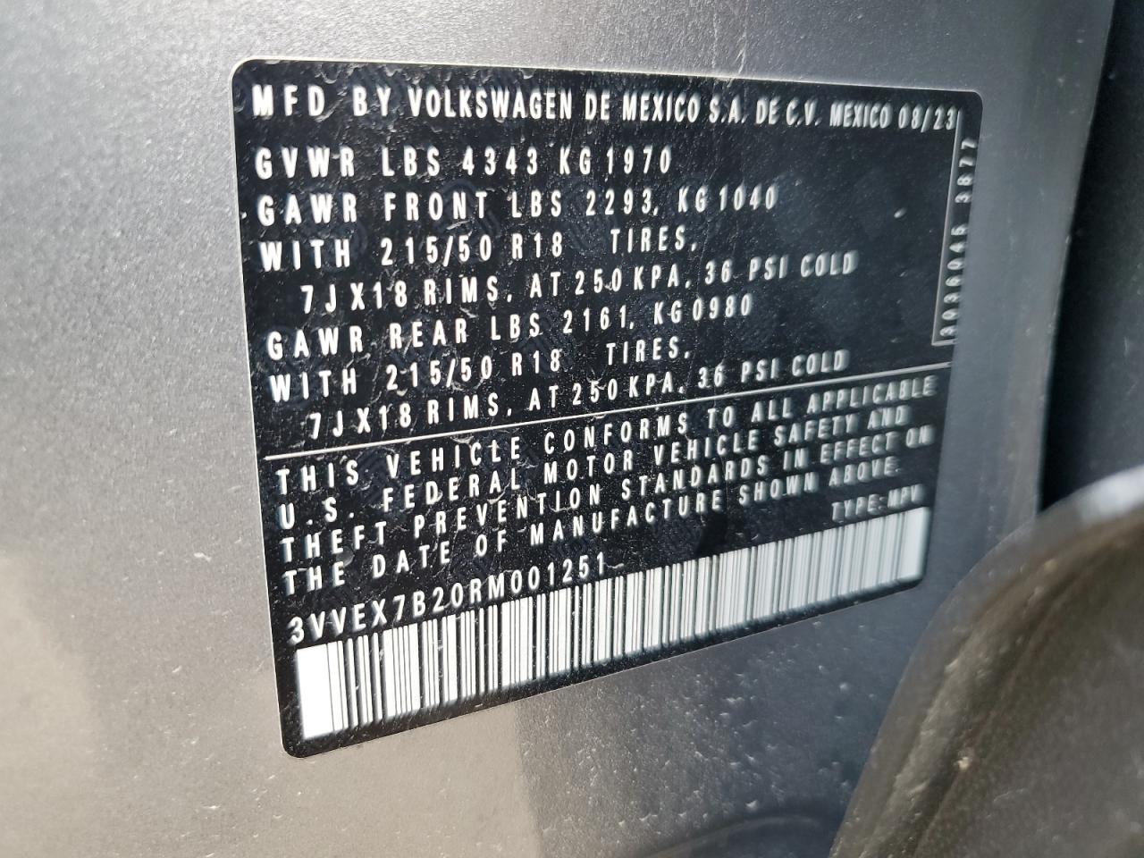 2024 Volkswagen Taos Se VIN: 3VVEX7B20RM001251 Lot: 79057774