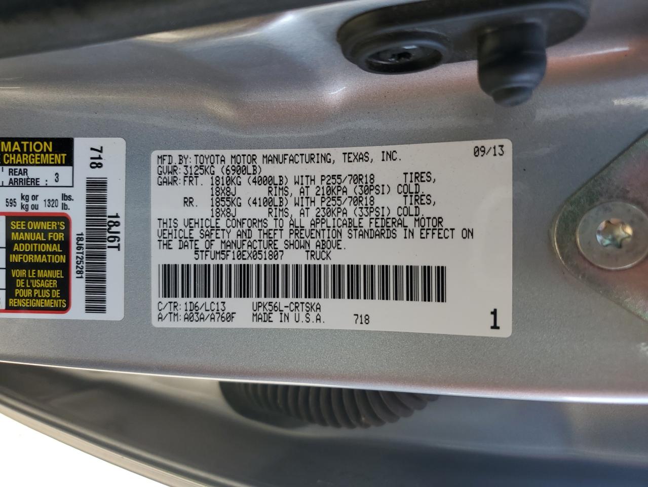 VIN 5TFUM5F10EX051807 2014 TOYOTA TUNDRA no.12