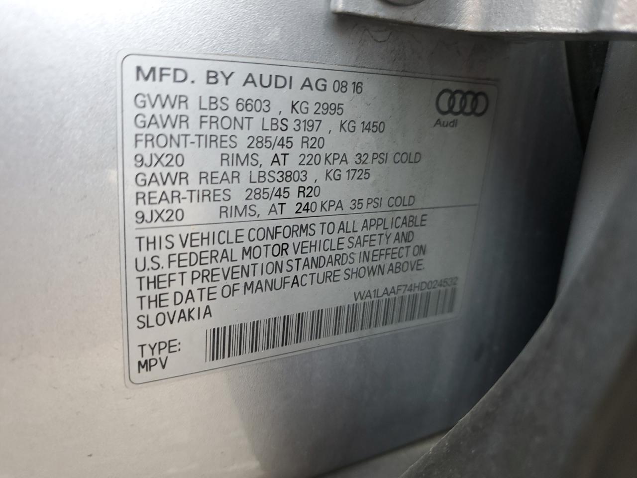 2017 Audi Q7 Premium Plus VIN: WA1LAAF74HD024532 Lot: 86015394