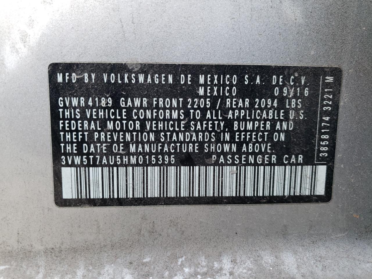 2017 Volkswagen Gti S VIN: 3VW5T7AU5HM015395 Lot: 85778574