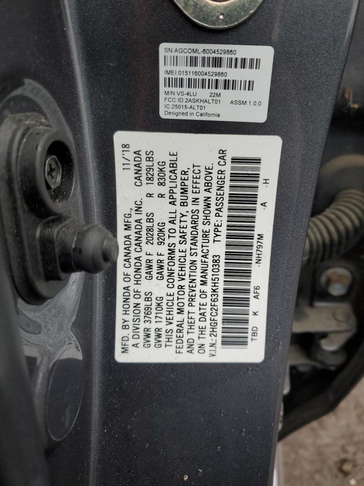 2019 Honda Civic Lx VIN: 2HGFC2F63KH510383 Lot: 85271784