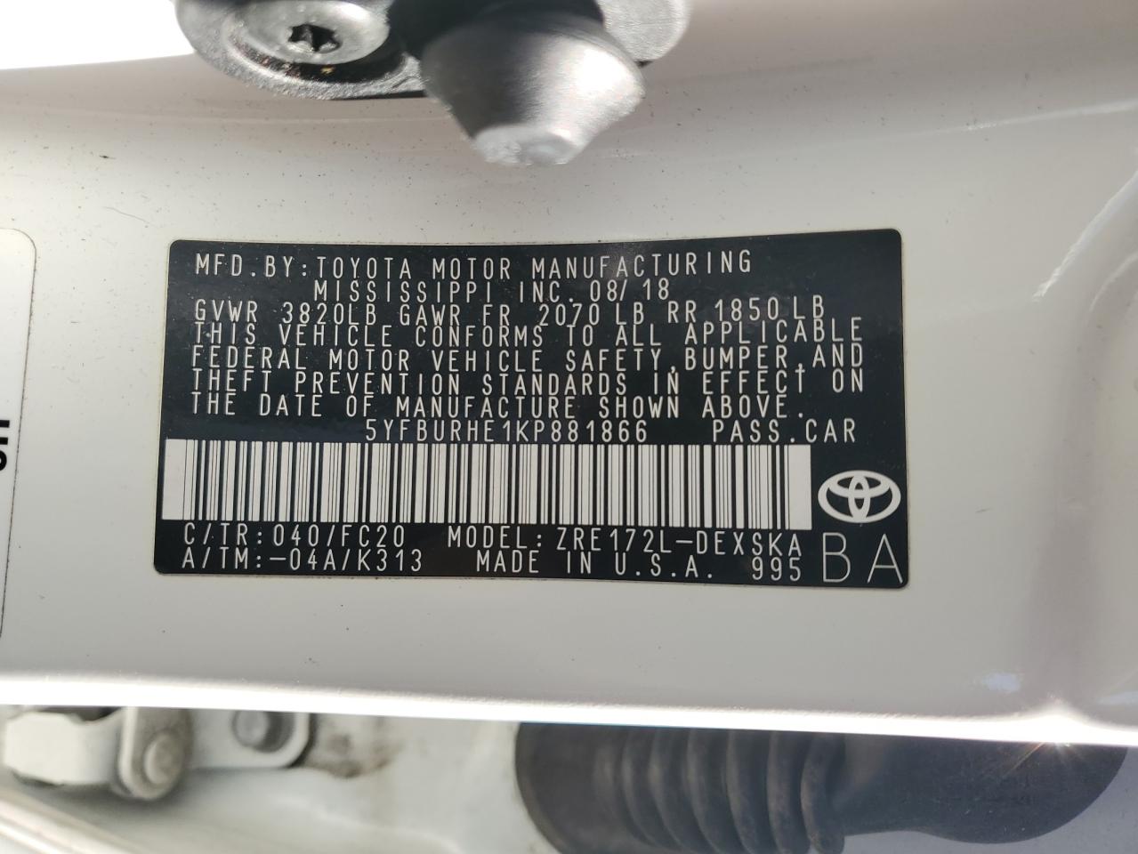 2019 Toyota Corolla L VIN: 5YFBURHE1KP881866 Lot: 85897934