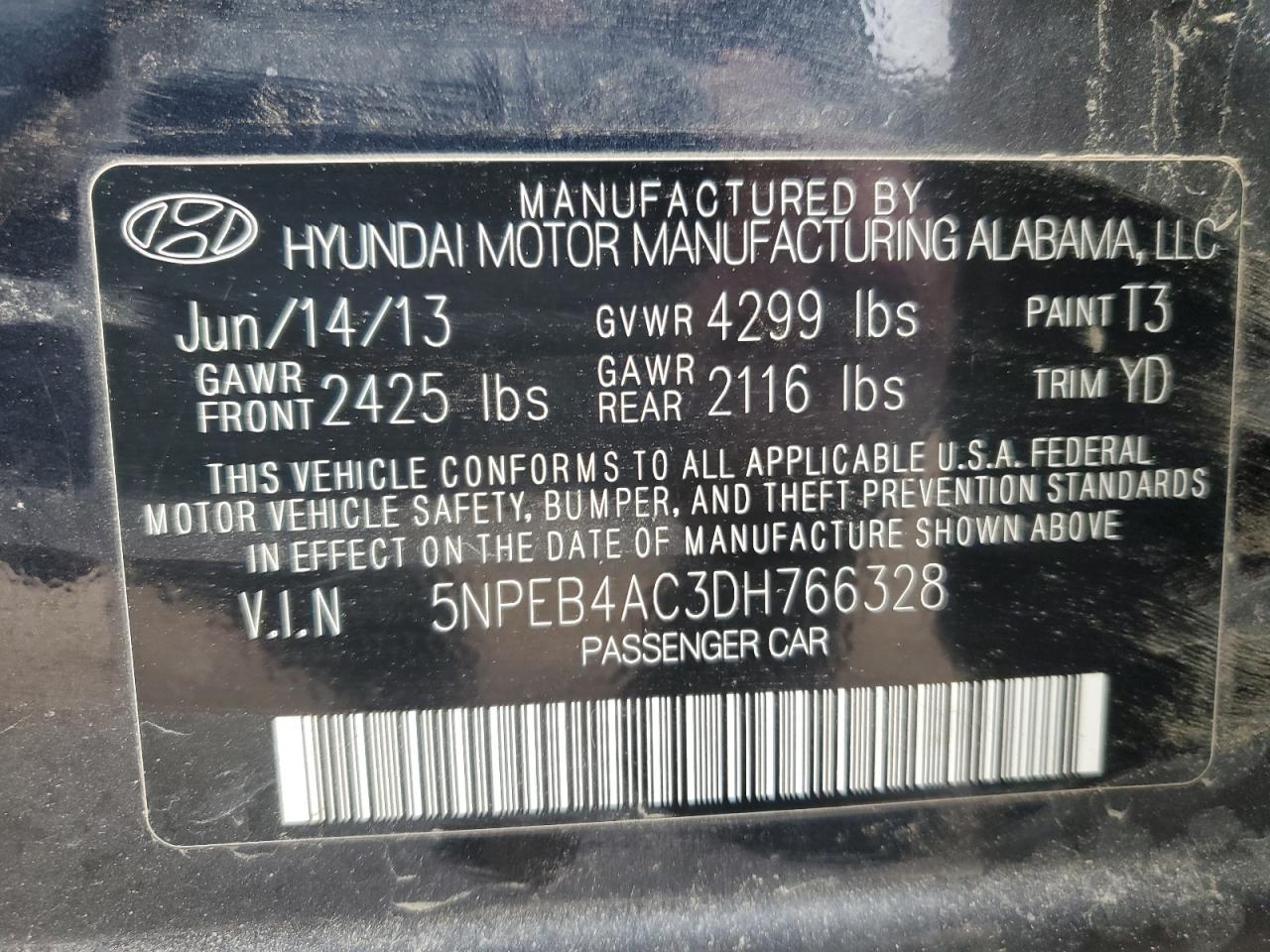 VIN 5NPEB4AC3DH766328 2013 HYUNDAI SONATA no.13