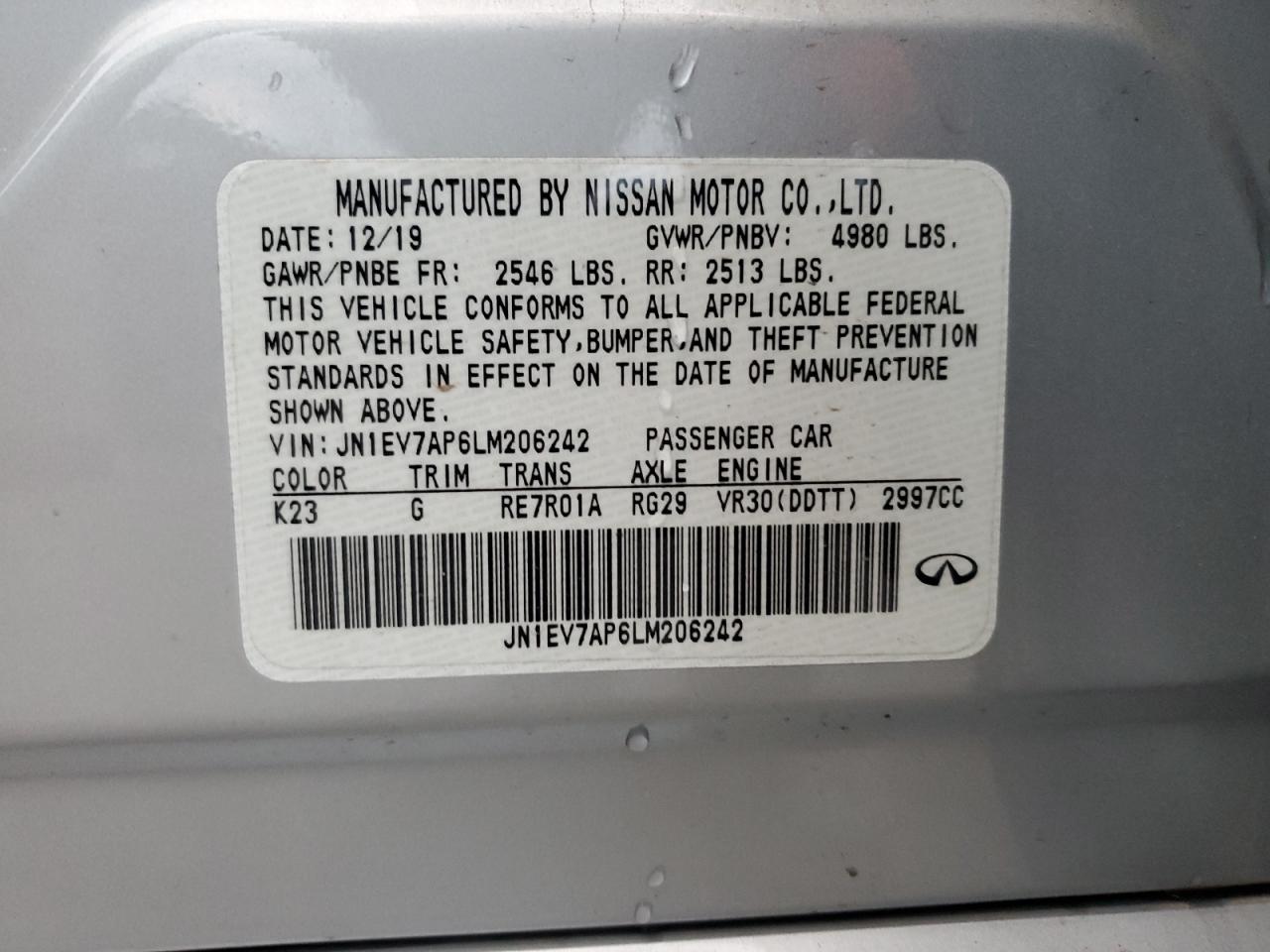 2020 Infiniti Q50 Pure VIN: 1EV7AP6LM206242 Lot: 86639174