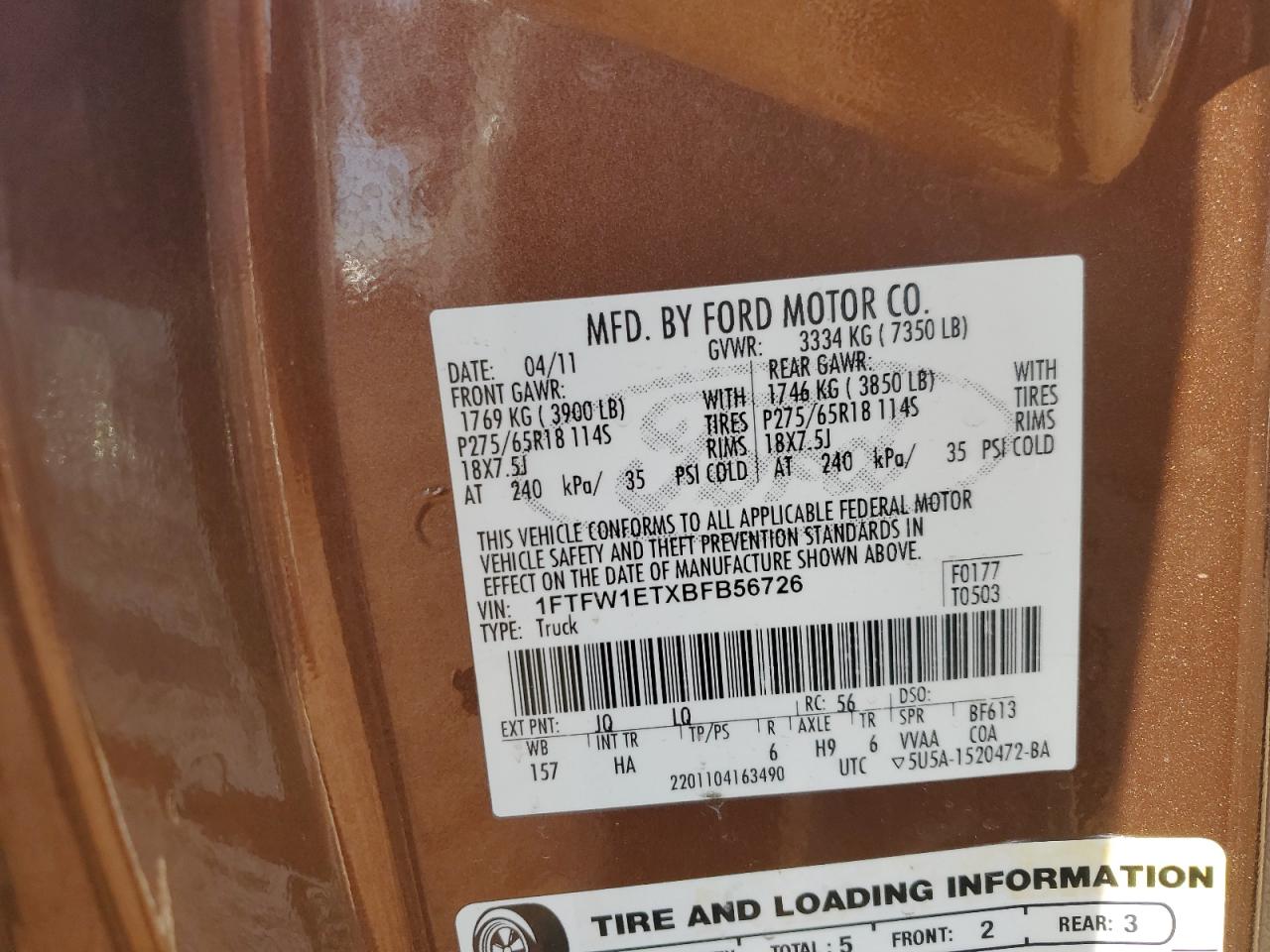 2011 Ford F150 Supercrew VIN: 1FTFW1ETXBFB56726 Lot: 83436334