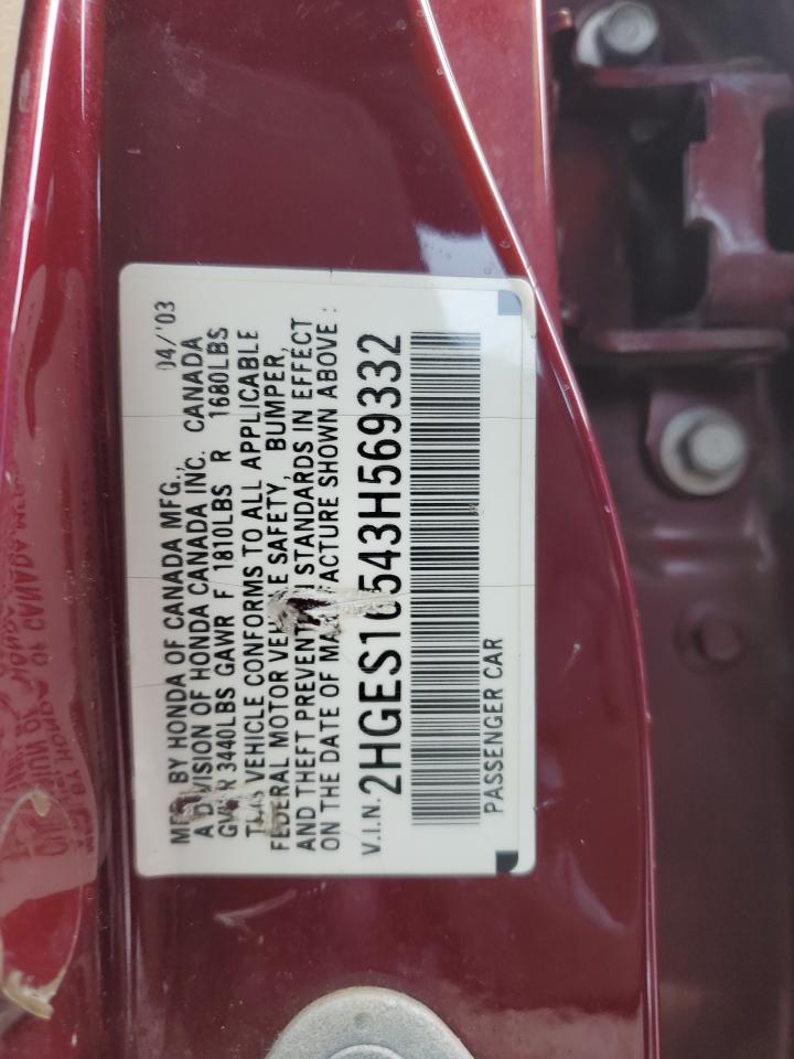 2003 Honda Civic Lx VIN: 2HGES16543H569332 Lot: 82376264