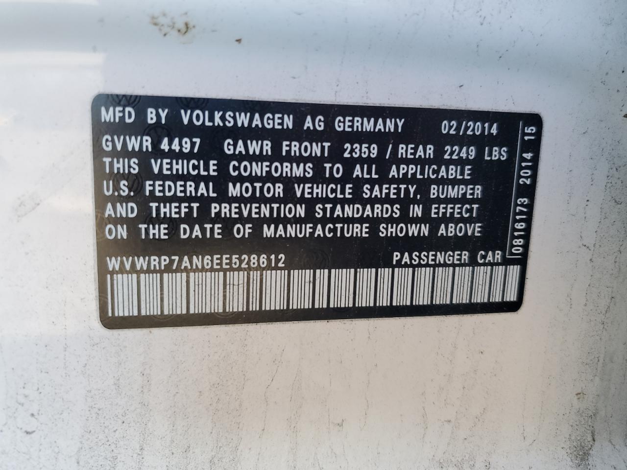 VIN WVWRP7AN6EE528612 2014 VOLKSWAGEN CC no.12