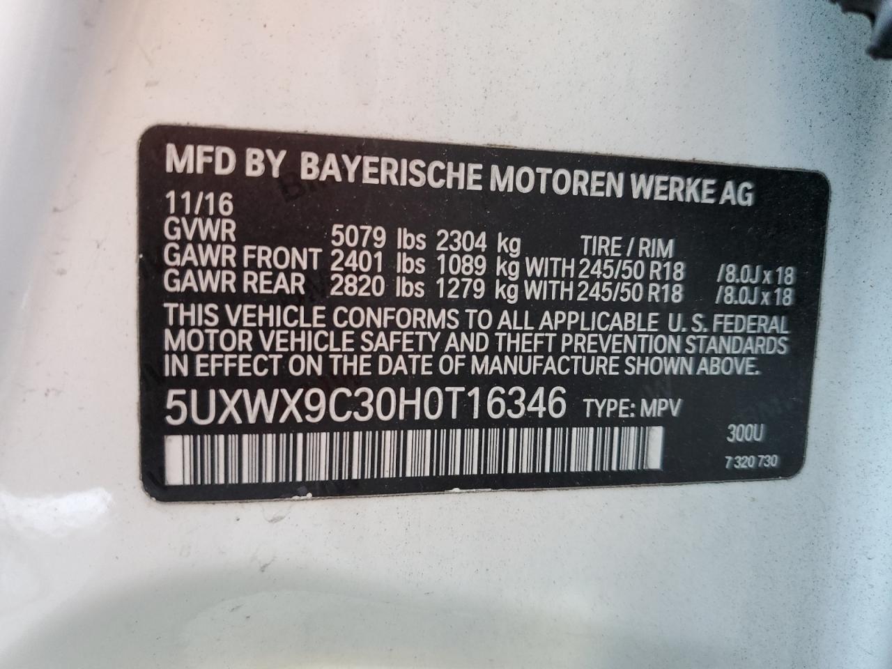 VIN 5UXWX9C30H0T16346 2017 BMW X3 no.13