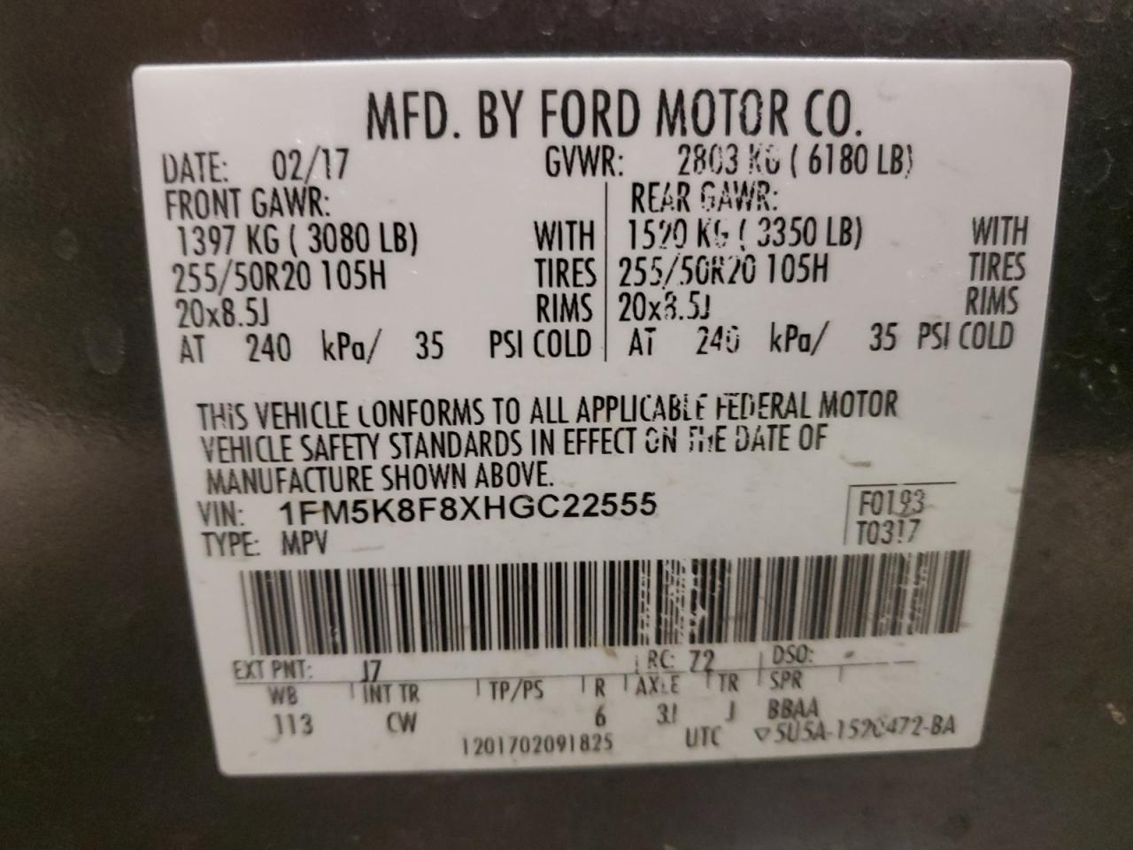 2017 Ford Explorer Limited VIN: 1FM5K8F8XHGC22555 Lot: 84529434