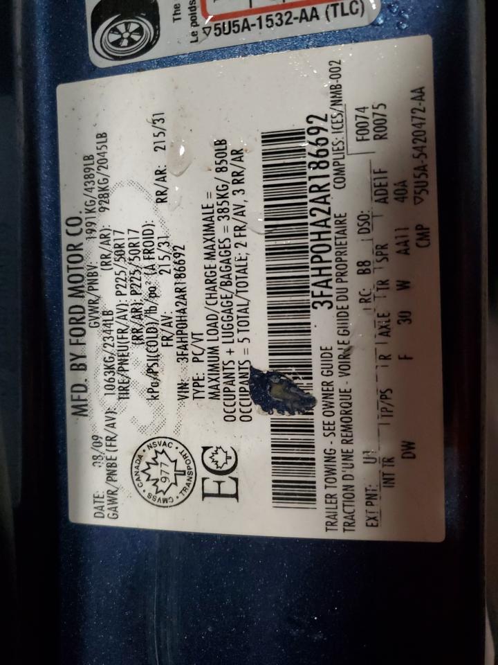 2010 Ford Fusion Se VIN: 3FAHP0HA2AR186692 Lot: 85689694