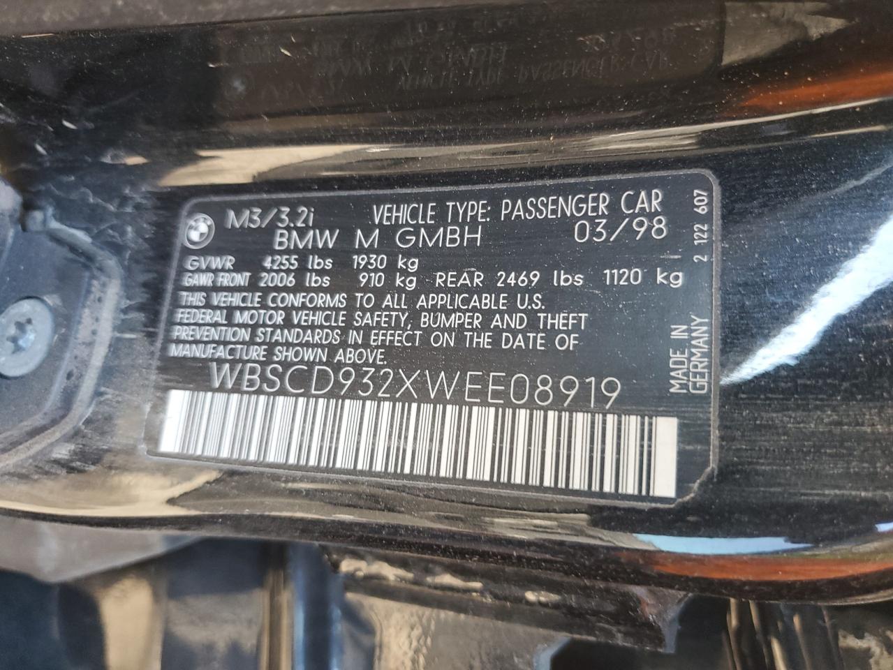 1998 BMW M3 VIN: WBSCD932XWEE08919 Lot: 84434704