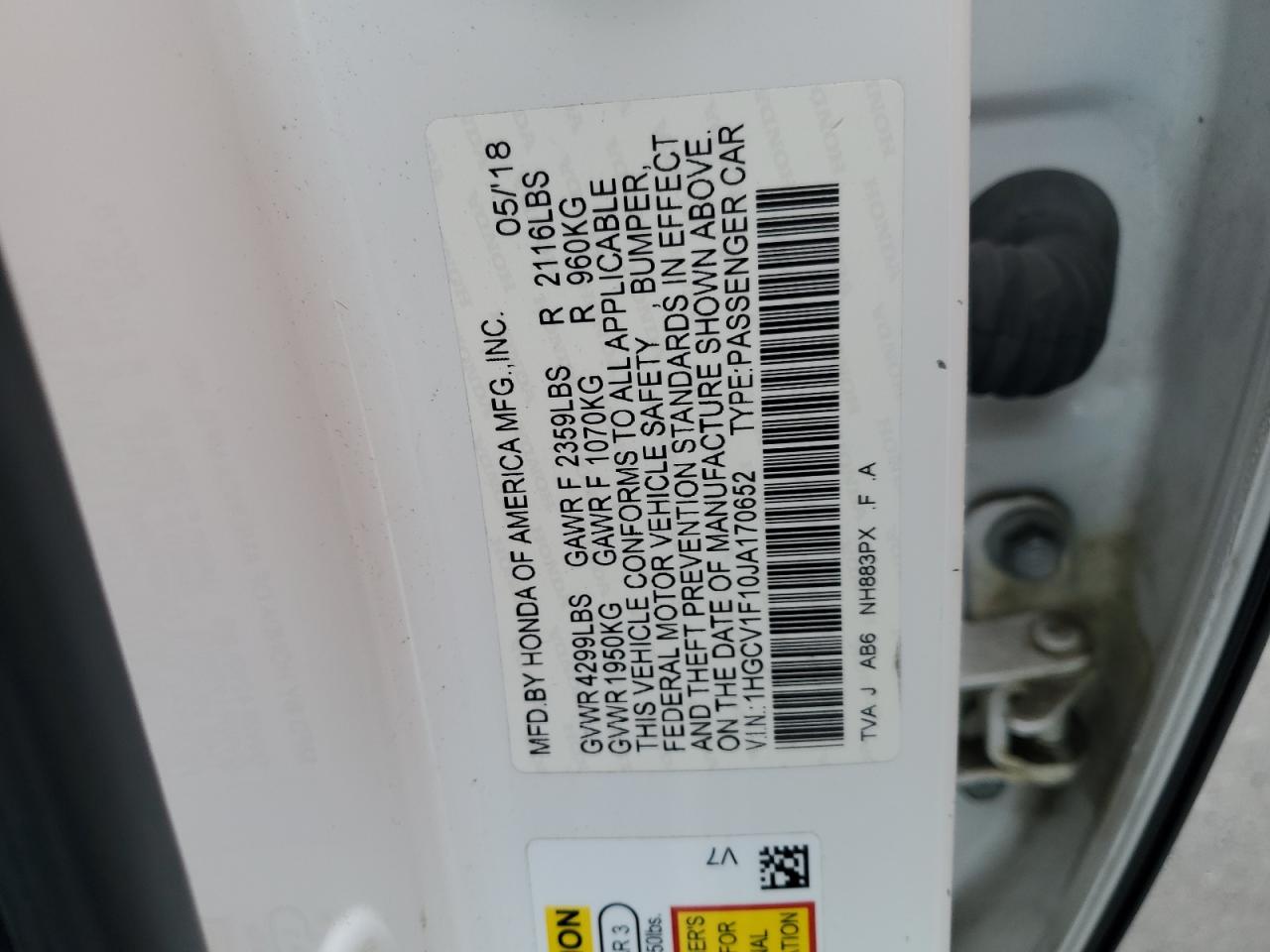 VIN 1HGCV1F10JA170652 2018 HONDA ACCORD no.12