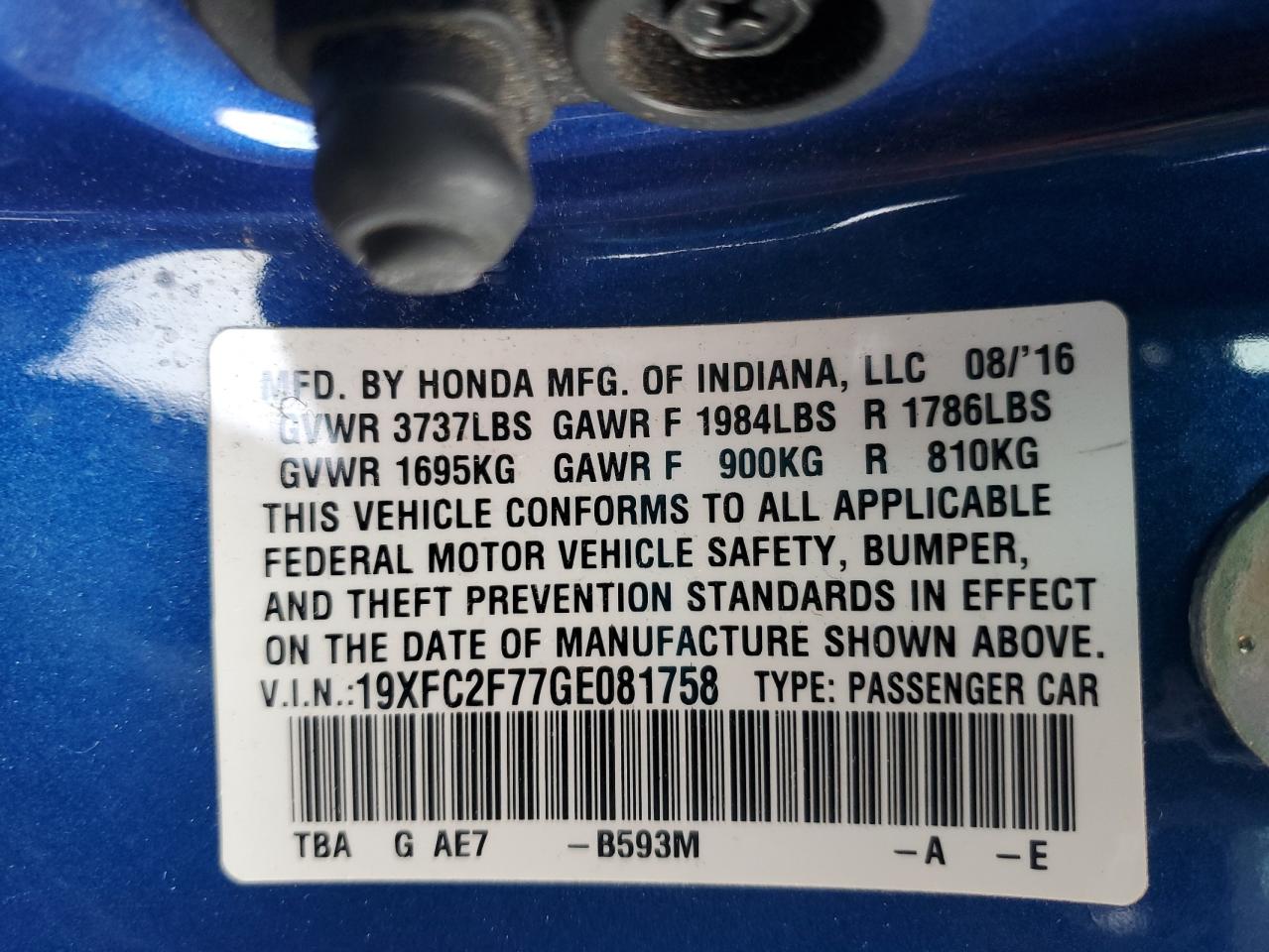 VIN 19XFC2F77GE081758 2016 HONDA CIVIC no.12