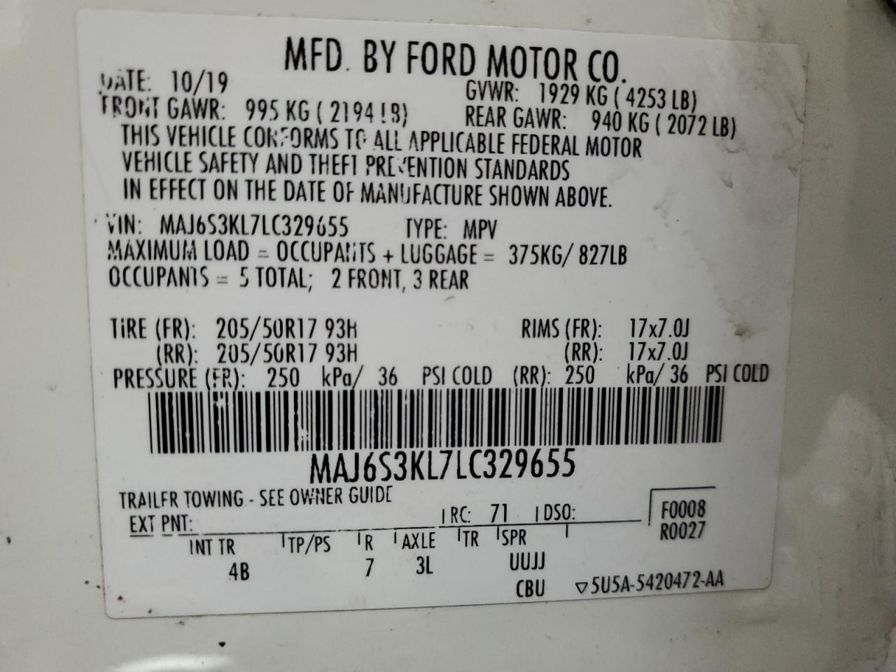 2020 Ford Ecosport Titanium VIN: MAJ6S3KL7LC329655 Lot: 86665384