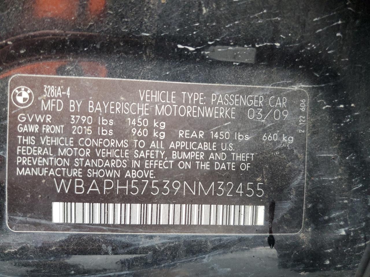 2009 BMW 328 I Sulev VIN: WBAPH57539NM32455 Lot: 83483014