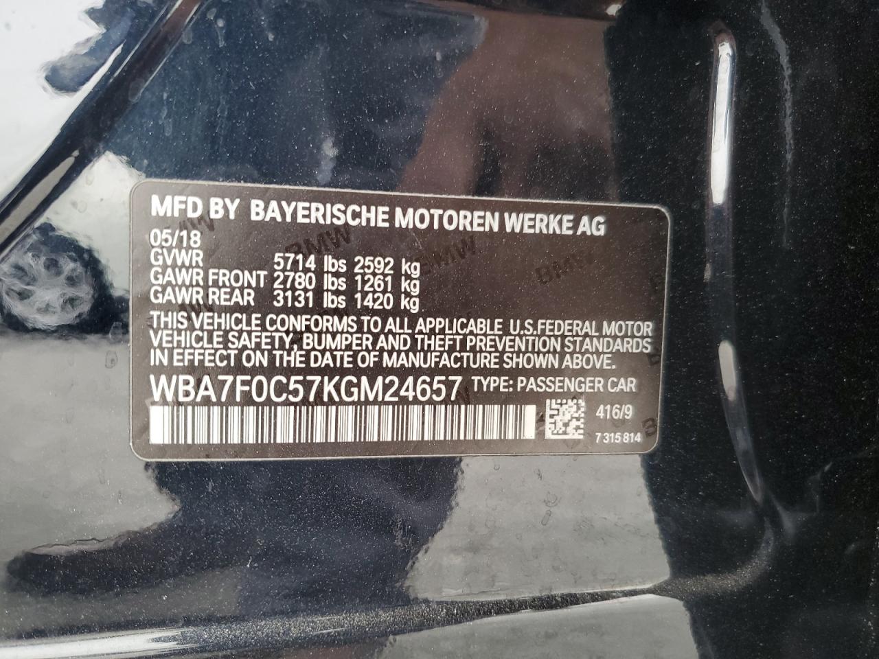 2019 BMW 750 I VIN: WBA7F0C57KGM24657 Lot: 84496664