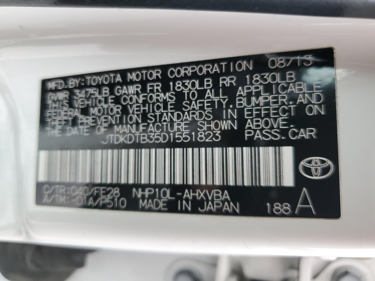 VIN JTDKDTB35D1551823 2013 TOYOTA PRIUS no.12