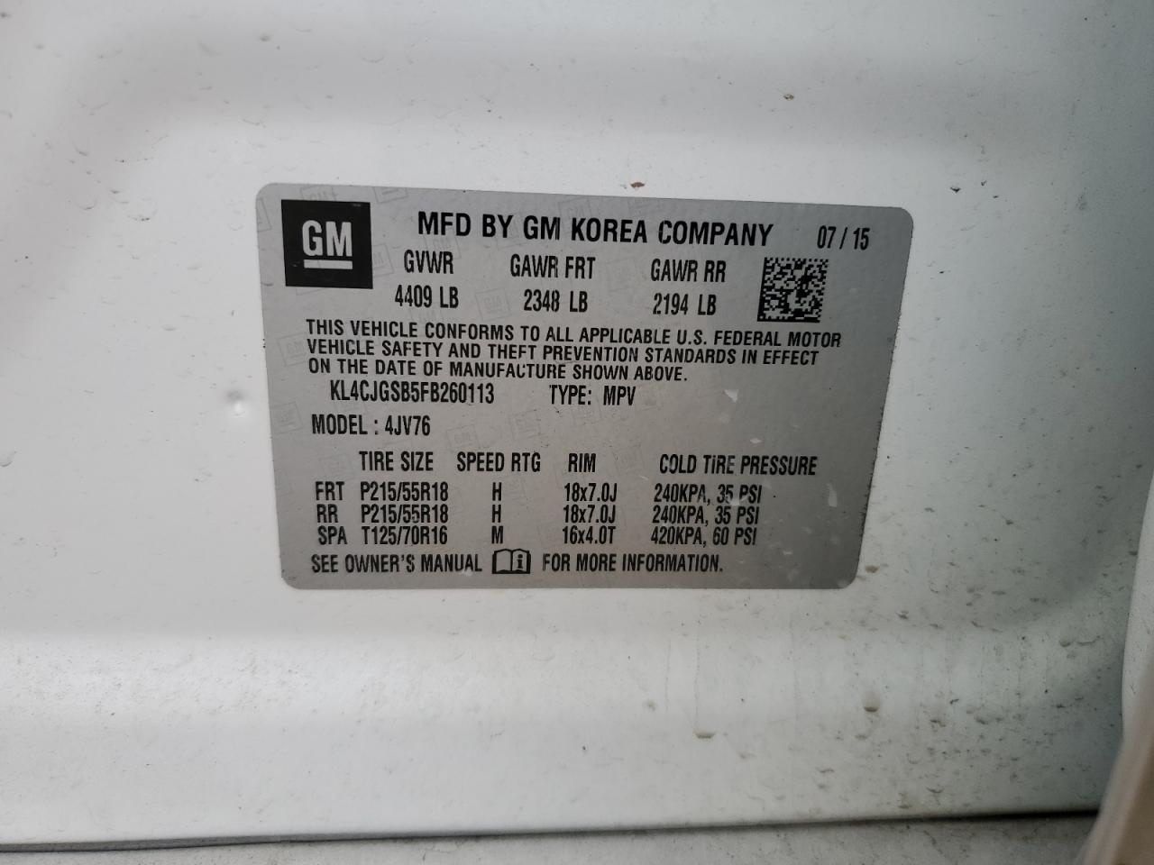 2015 BUICK ENCORE with FRONT END damage, VIN KL4CJGSB5FB260113
