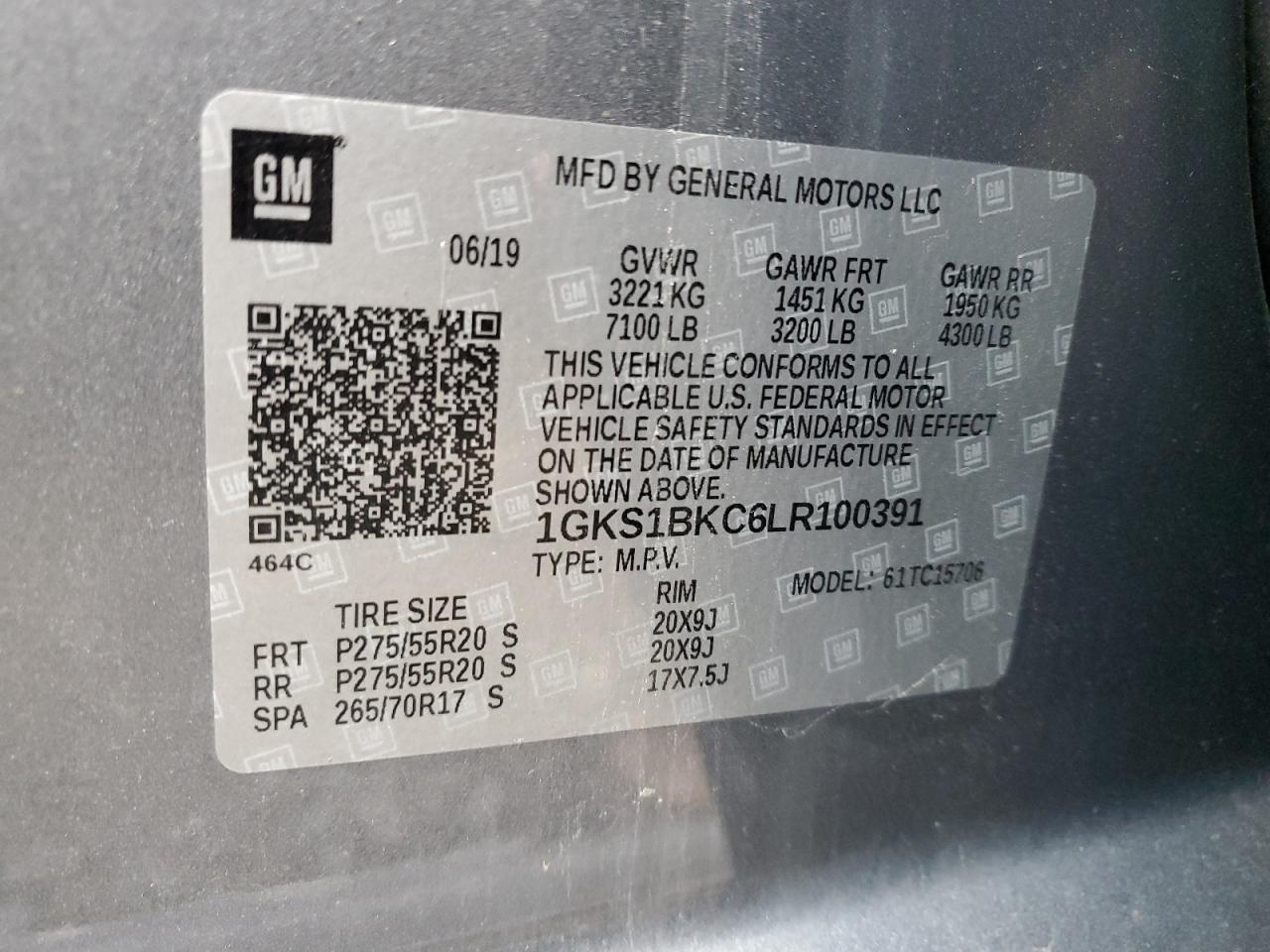 2020 GMC Yukon Slt VIN: 1GKS1BKC6LR100391 Lot: 87291874