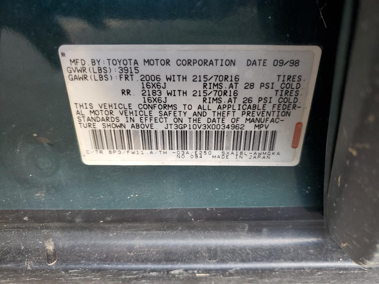 1999 Toyota Rav4 VIN: JT3GP10V3X0034962 Lot: 84527614