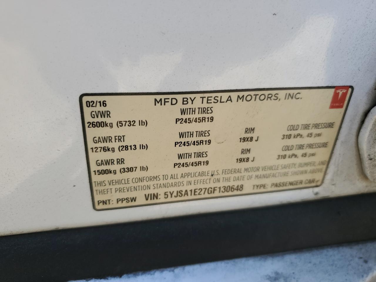 2016 Tesla Model S VIN: 5YJSA1E27GF130648 Lot: 85258294