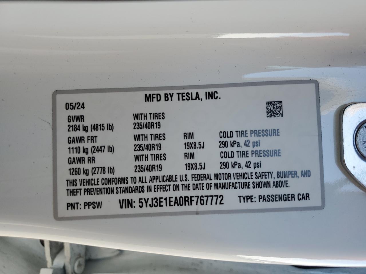 2024 Tesla Model 3 VIN: 5YJ3E1EA0RF767772 Lot: 80846714