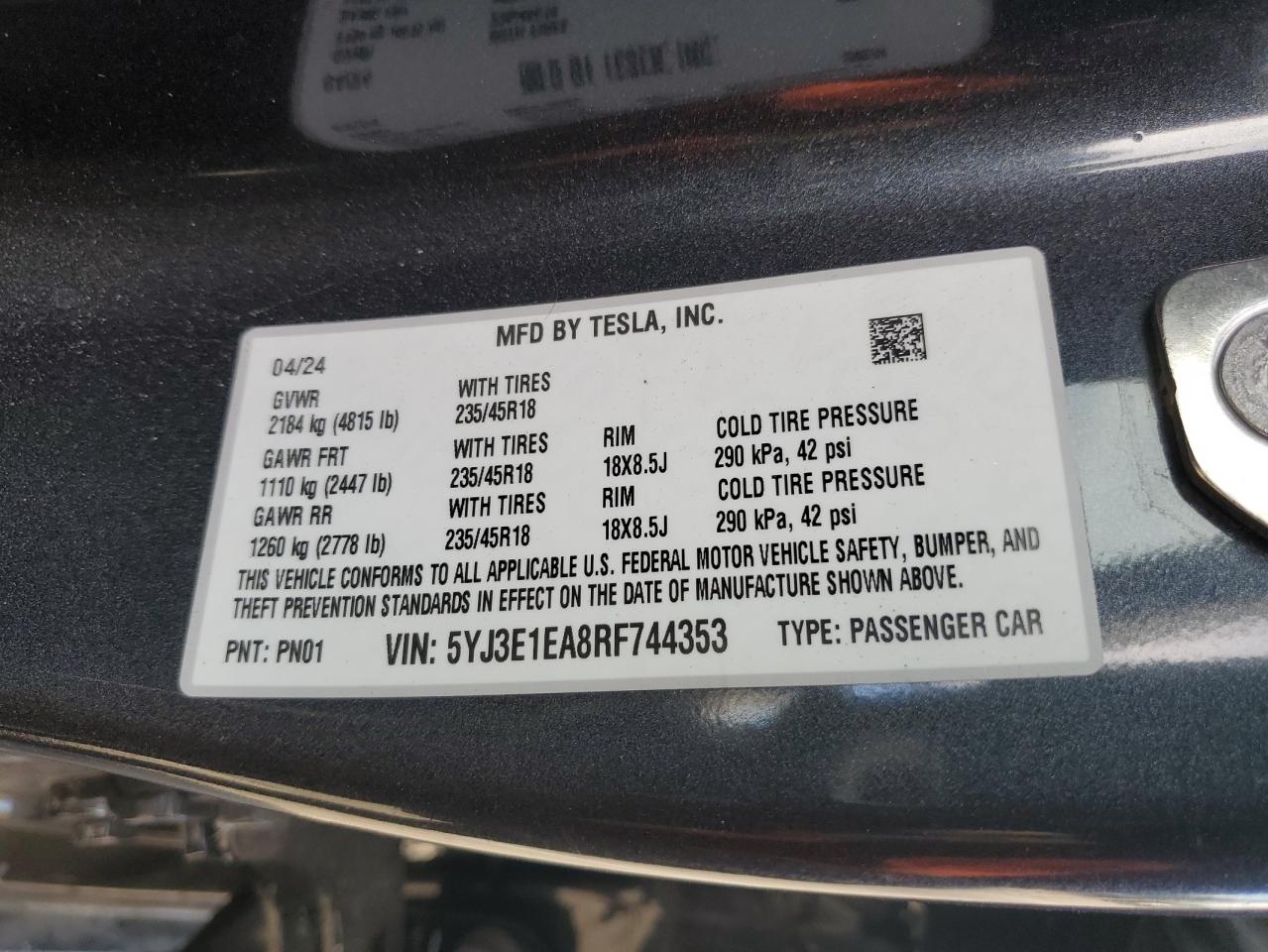 2024 Tesla Model 3 VIN: 5YJ3E1EA8RF744353 Lot: 85215934