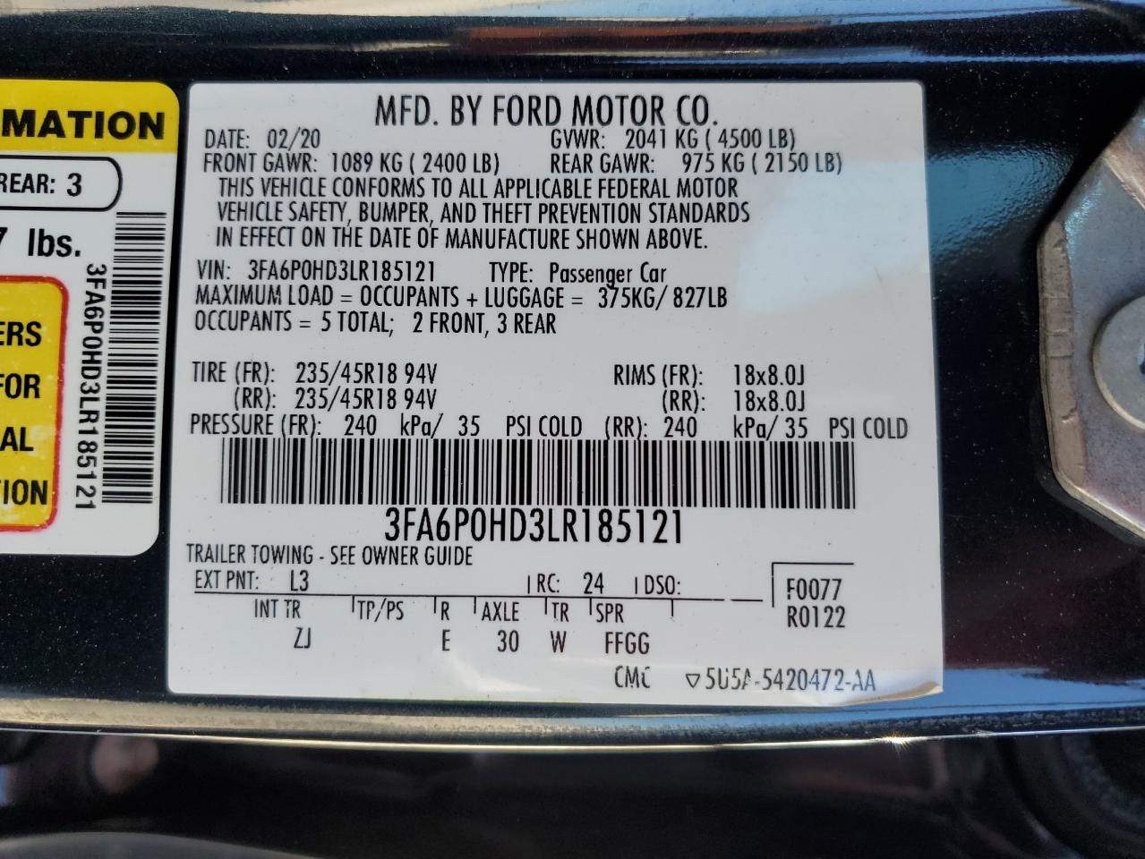 VIN 3FA6P0HD3LR185121 2020 FORD FUSION no.12