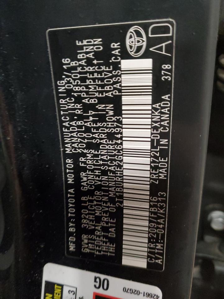 2016 Toyota Corolla L VIN: 2T1BURHE2GC644973 Lot: 85897844