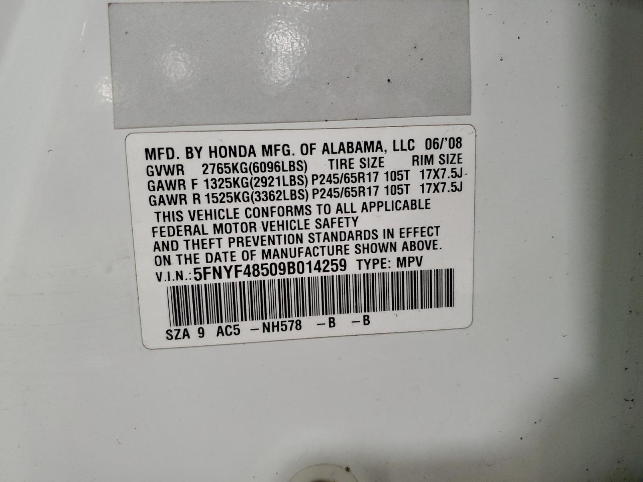 2009 Honda Pilot Exl VIN: 5FNYF48509B014259 Lot: 85006604