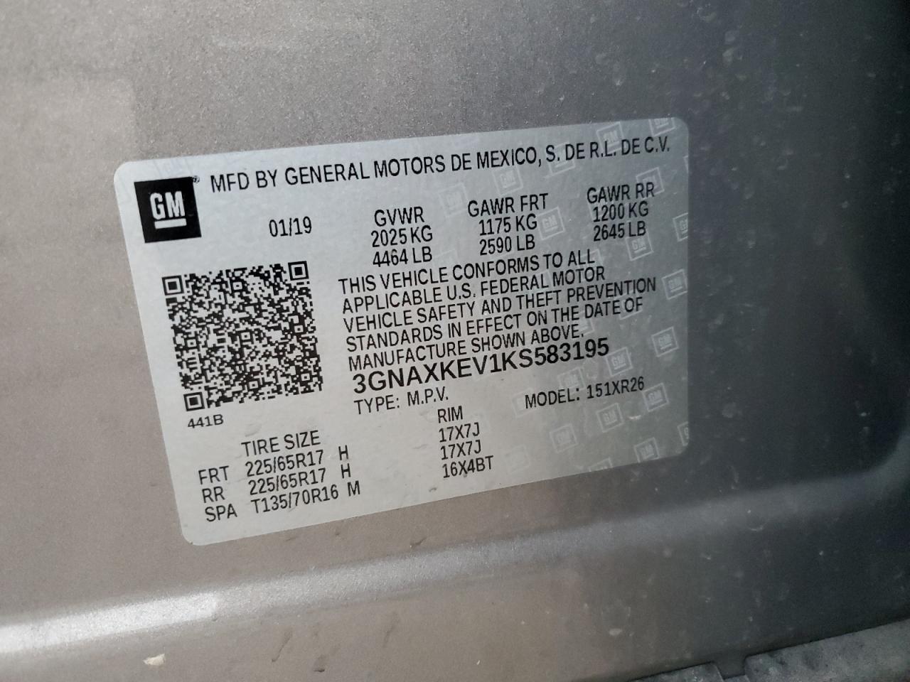 2019 Chevrolet Equinox Lt VIN: 3GNAXKEV1KS583195 Lot: 85777474