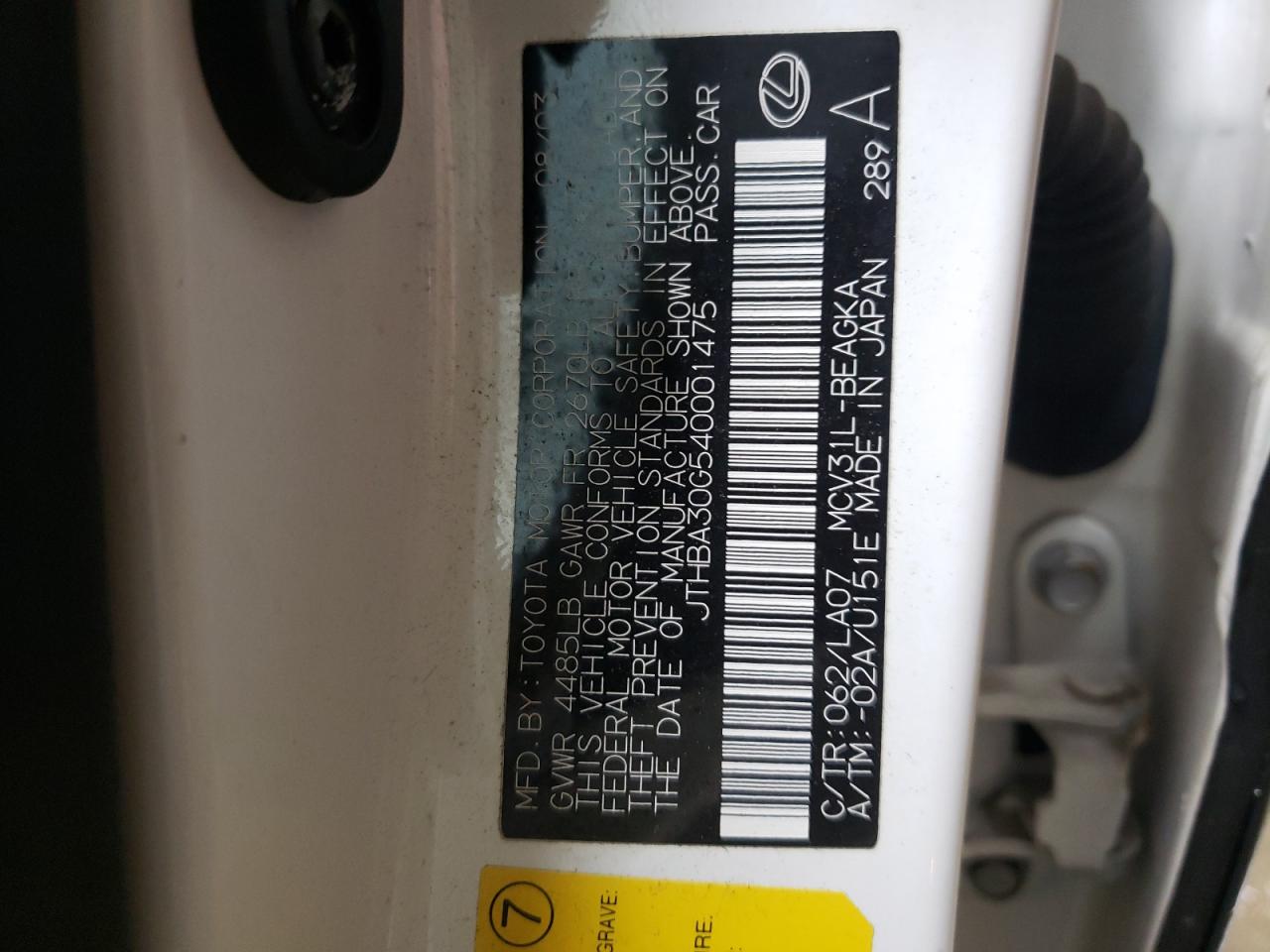 2004 Lexus Es 330 VIN: JTHBA30G540001475 Lot: 84180164