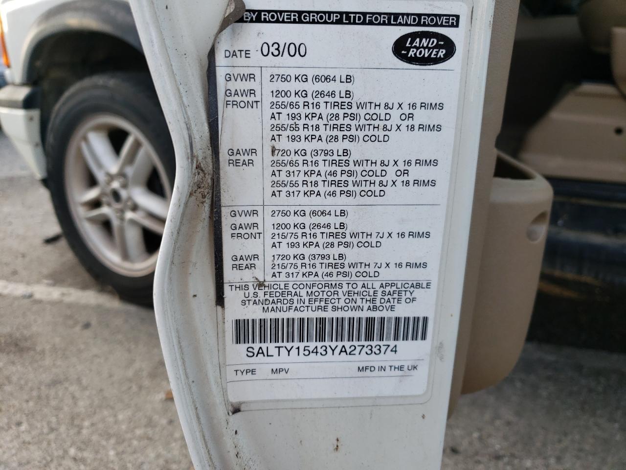 2000 Land Rover Discovery Ii VIN: SALTY1543YA273374 Lot: 86026964
