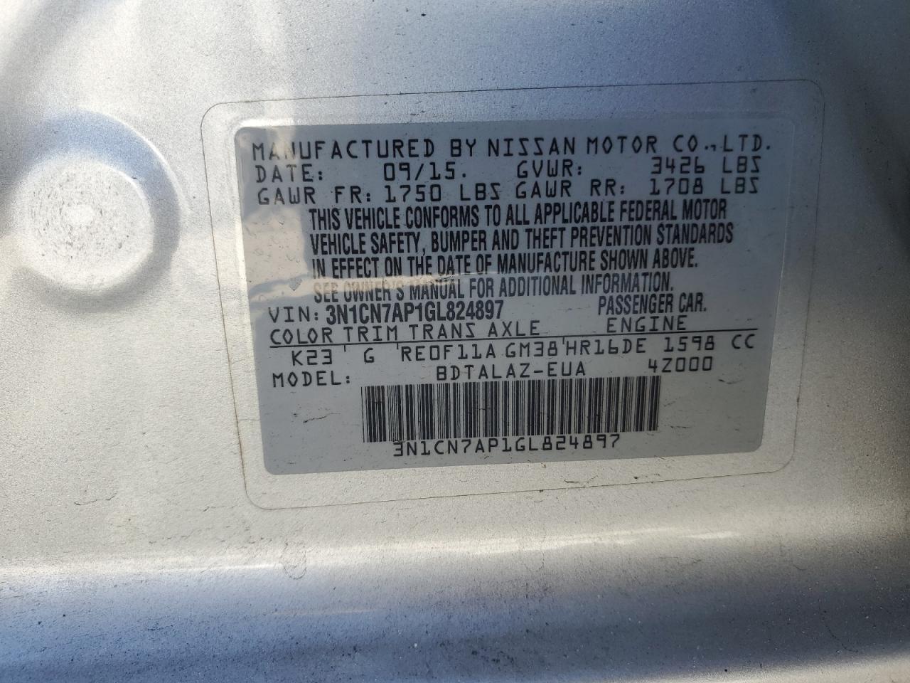 VIN 3N1CN7AP1GL824897 2016 NISSAN VERSA no.13