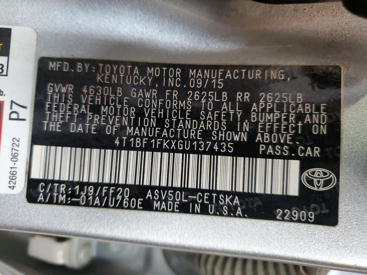 VIN 4T1BF1FKXGU137435 2016 TOYOTA CAMRY no.12