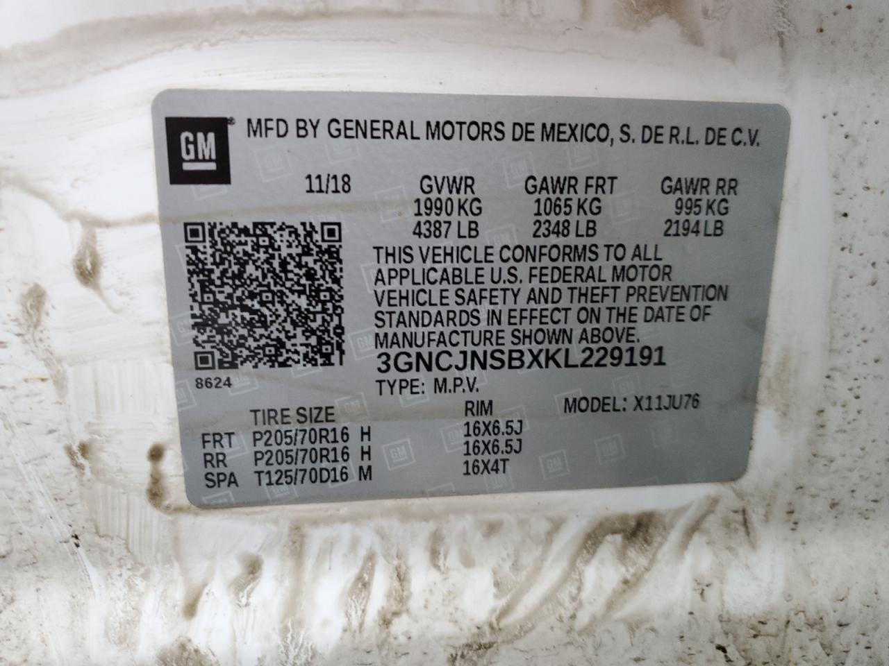 2019 Chevrolet Trax Ls VIN: 3GNCJNSBXKL229191 Lot: 86058374