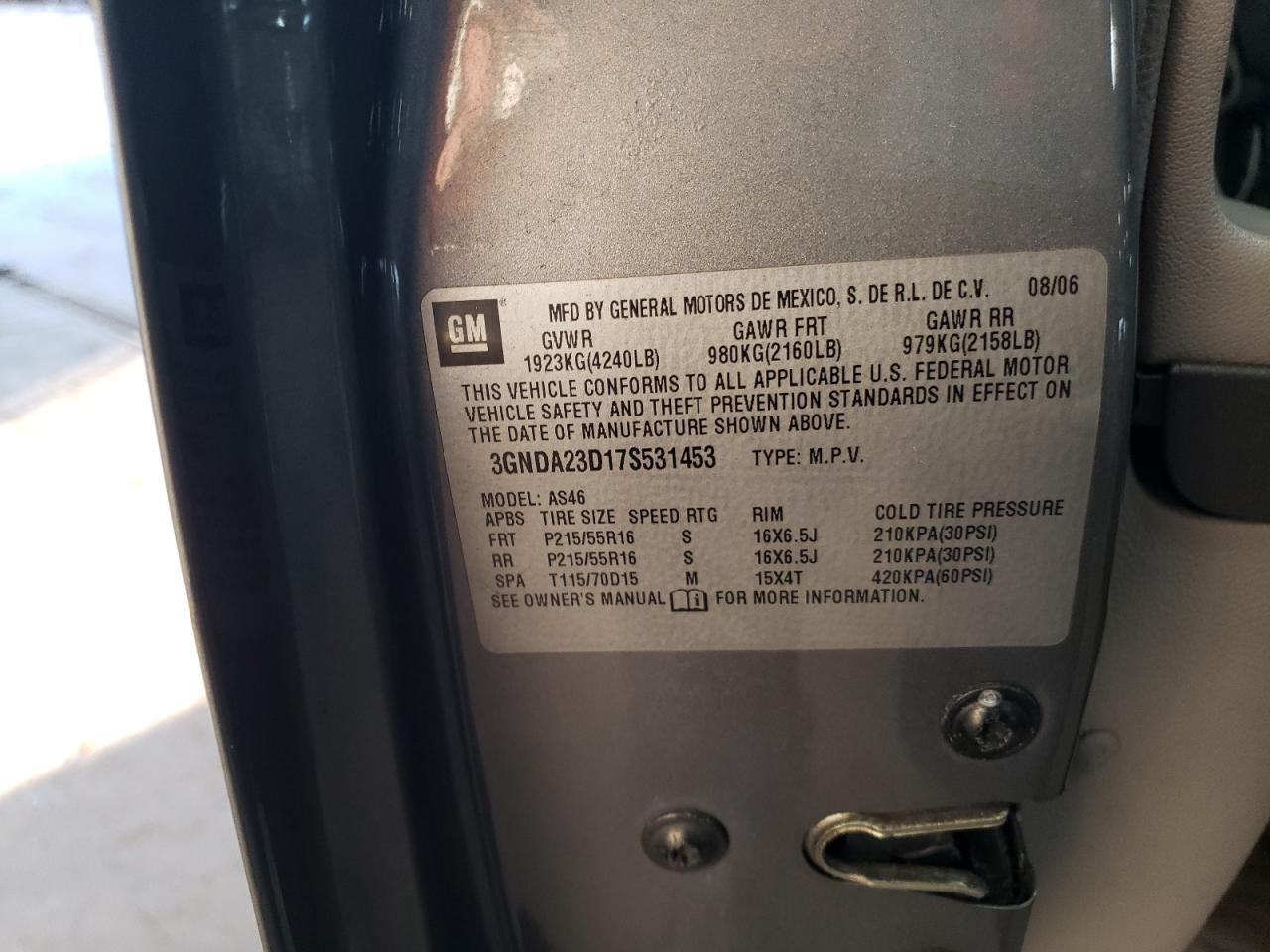 2007 Chevrolet Hhr Lt VIN: 3GNDA23D17S531453 Lot: 84830604