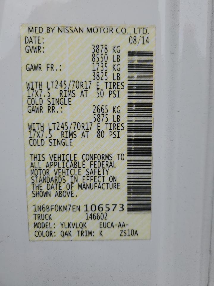 2014 Nissan Nv 1500 VIN: 1N6BF0KM7EN106573 Lot: 86273534