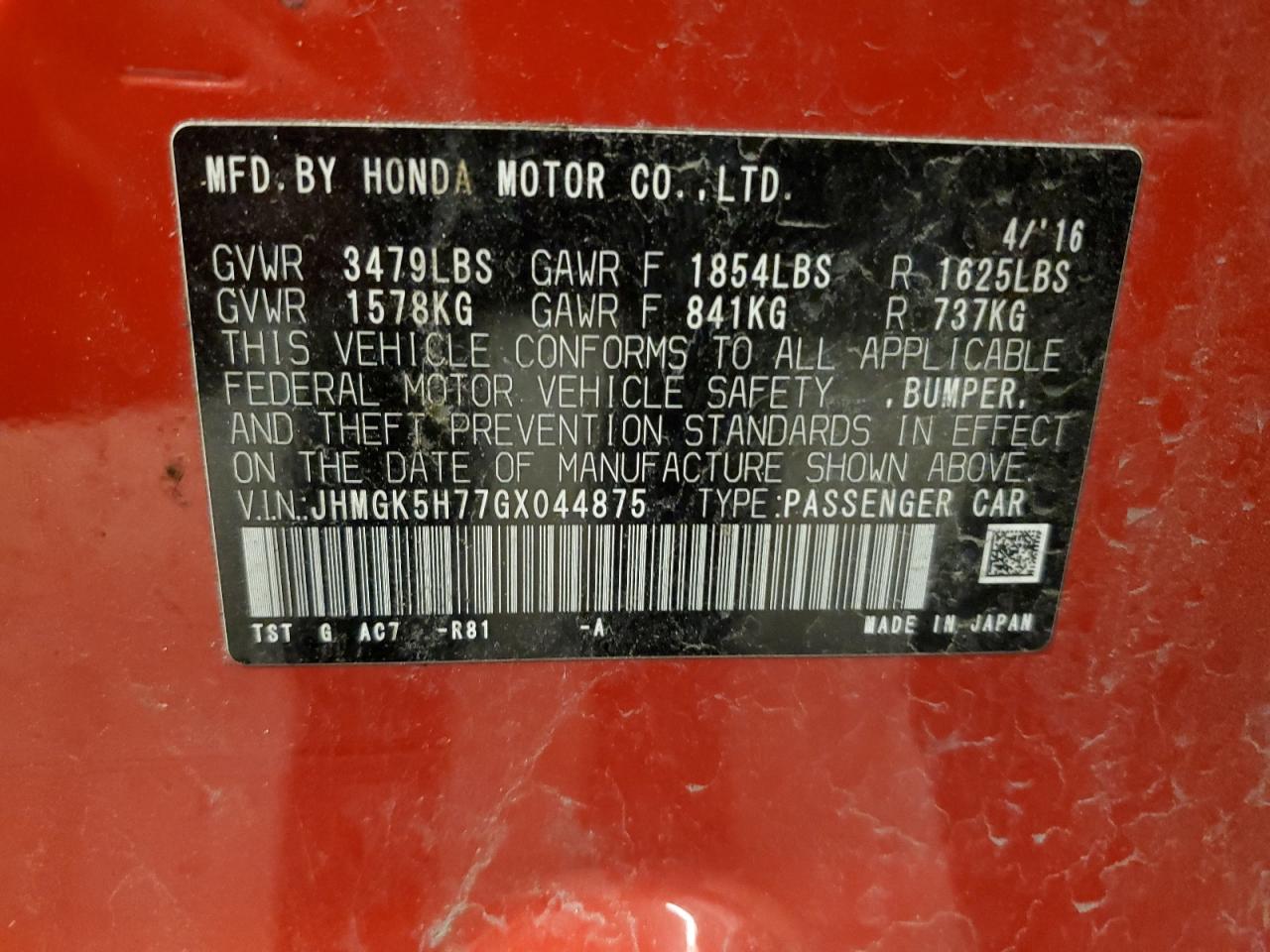 VIN JHMGK5H77GX044875 2016 HONDA FIT no.12