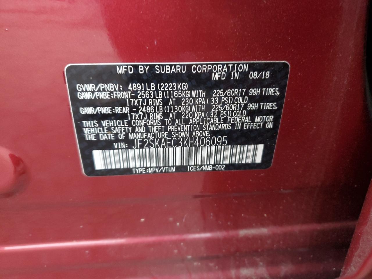 2019 Subaru Forester Premium VIN: JF2SKAEC3KH406095 Lot: 85300724