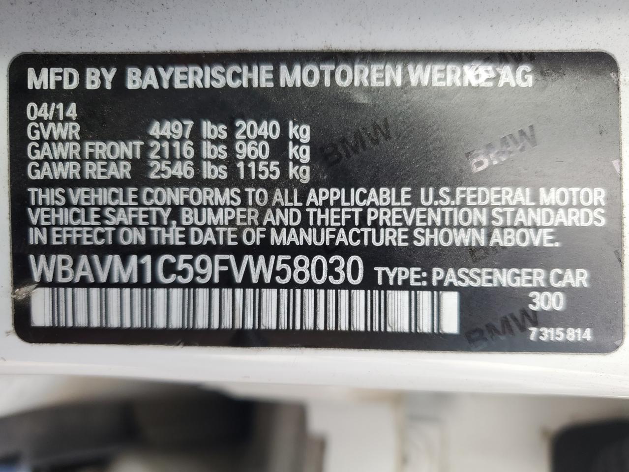 2015 BMW X1 Sdrive28I VIN: WBAVM1C59FVW58030 Lot: 84044774