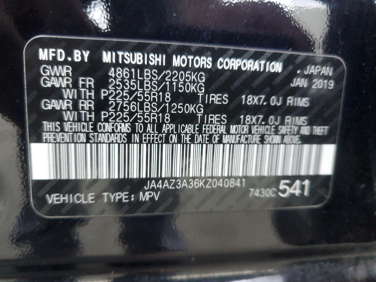 2019 Mitsubishi Outlander Se VIN: JA4AZ3A36KZ040841 Lot: 83654794